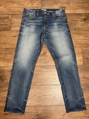 SMN USA Hunter Standard Slim Island Blue Distressed Blue Denim Jeans Men 36x32
